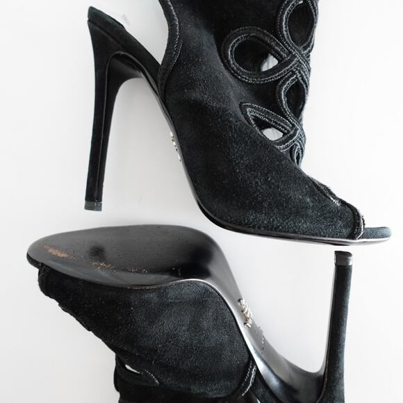 Prada Black Suede Cutout Tie-Back Ankle Peep Toe Stiletto Sandals - Picture 9 of 16
